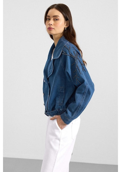 Olcay Kolu Boncuk İşlemeli Astarsız Denim Ceket Mavi 8283