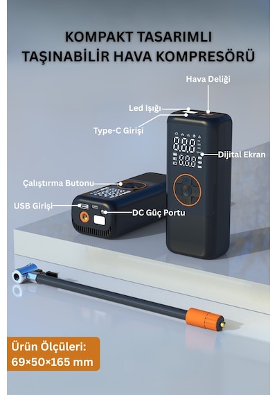 4500 Mah Şarjlı Taşınabilir Araba Lastik Hava Top Şişirme Pompası Led Işıklı Dijital Hava Kompresörü Siyah