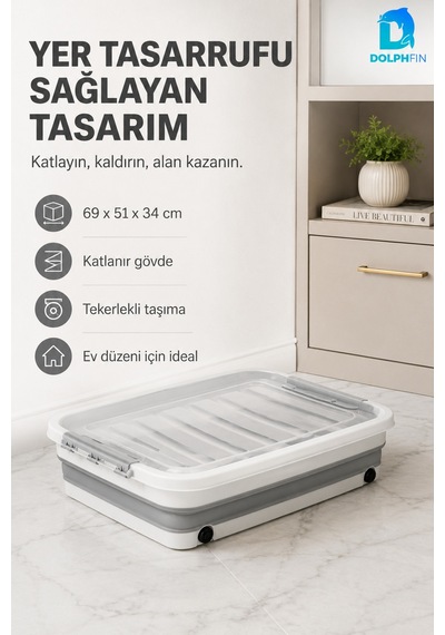 65 Lt Tekerlekli Katlanabilir Saklama Kabı Kapaklı Ev Kiler Erzak Ve Düzenleme Kutusu Beyaz - Gri