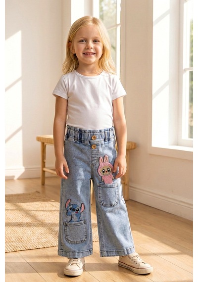 Babymod Figürlü Likralı Denim Kız Çocuk Kot Pantolon Mavi