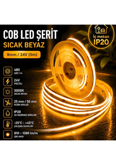 Cob Led Şerit Sıcak Beyaz 8mm/24v 5m Günışığı-3000k