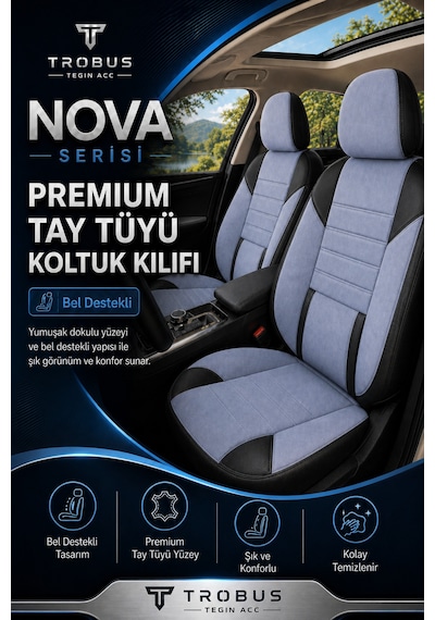 Nova Serisi Tay Tüyü Bel Destekli Gri Siyah Premium Üniversal Koltuk Kılıfı Tam Set