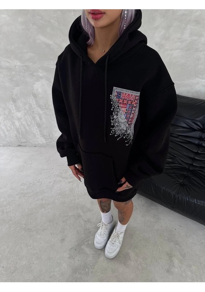 Uzun Kol Kapüşonlu Ön Ve Arka Baskılı Sweatshirt - Siyah - Siyah