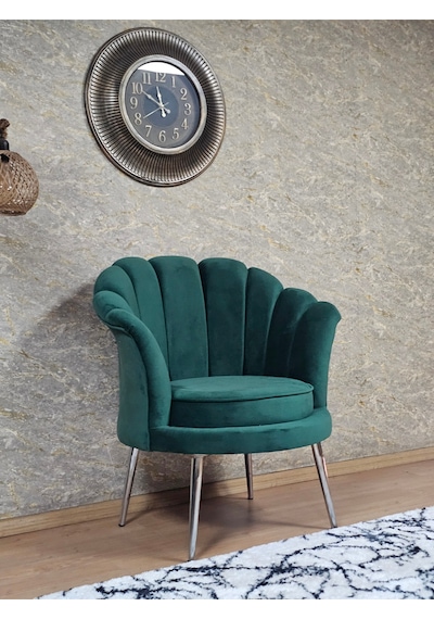Zafir Tekli İstiridye Krom Kaplama Sivriltme Ayak Çay Seti Koltuk Tekli Berjer , Balkon, Salon, Ofis Yeşil