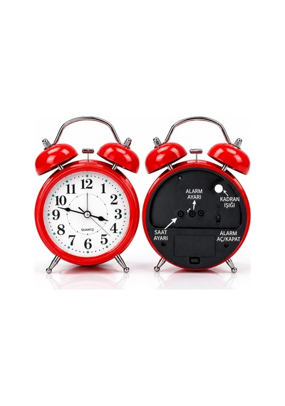 Çalar Saat 21 Cm Kurmalı Alarm Lı Çalar Saat Büyük Boy Retro Vintage Çift Çanlı Komodin Saati Kırmızı