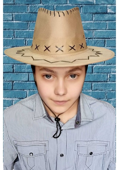 Uniquetrenders Çocuk Unisex Nubuk Kovboy Şapkası 8-14 Yaş Koyu Bej