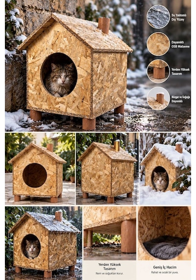 Reyo Orta Boy Kedi Evi Osb Su Yalıtımlı Rüzgar ve Soğuğa Dayanıklı Ahşap Kedi Evi Sokak Hayvanları İçin Kedi Barınağı Kedi Yuvası 43 x 40 x 37 CM CAT14