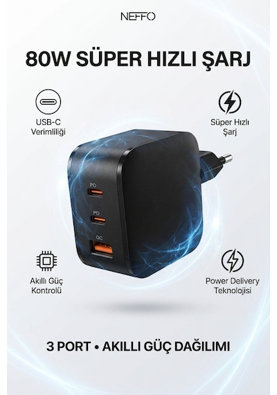 80w Çift Portlu 2x Usb-c Usb-a Girişli Akıllı Hızlı Şarj Adaptörü