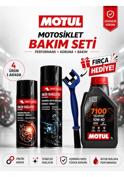 Motul 7100 10w-40 4t 1l Mineral Motosiklet Yağı Ve Zincir Bakım Seti 4'lü