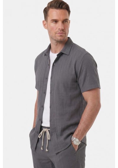 Deep Sea Deepsea Füme Slim Fit Çizgi Dokulu Keten Görünümlü Kısa Kol Erkek Spor Gömlek 2602648