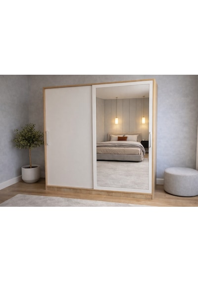 Zen Sürgü Kapaklı Dolap Gardırop Meşe Beyaz 180cm - Montaj Dahil