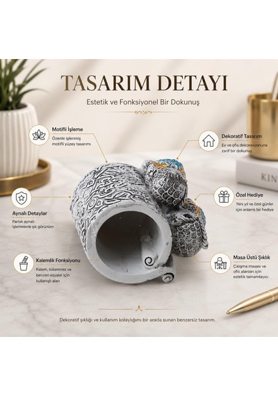 Lüks İşlemeli Aynalı Baykuş Kalemlik Biblo Dekoratif Heykel Ev Ofis Masa Dekoru Hediyelik 9 X 7 Cm 9 - 11 Cm