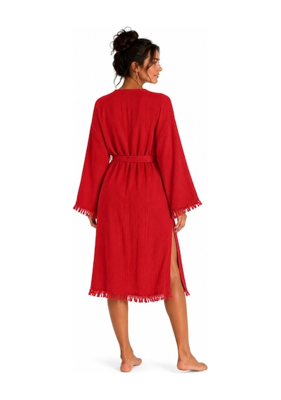 Bohemia Müslin Kimono Bornoz Püskül Detaylı Yırtmaçlı Spa & Plaj Kimonosu Kırmızı