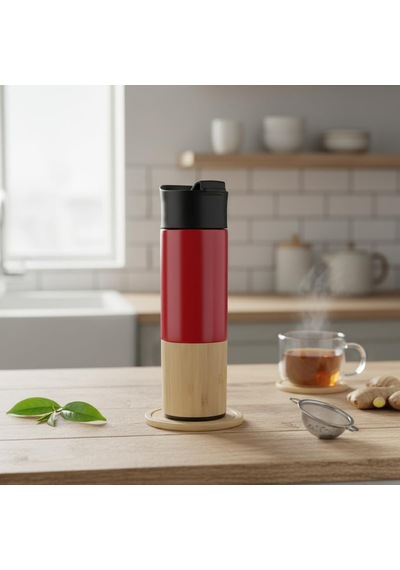 450 Ml Bambu Kaplamalı Çelik Termos - Siyah, Mavi Ve Kırmızı Renk Seçenekli Sızdırmaz Isı Yalıtımlı Seyahat Diğer