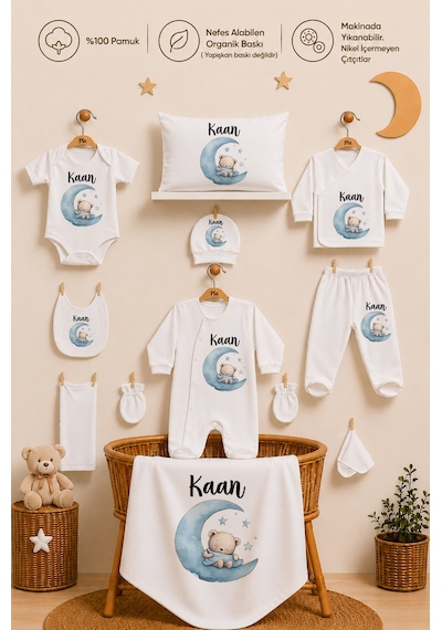 Pia Baby Erkek Bebek Hastane Çıkışı Seti 11 Parça %100 Pamuk Kişiye Özel İsim Baskılı 1071110x Ekru