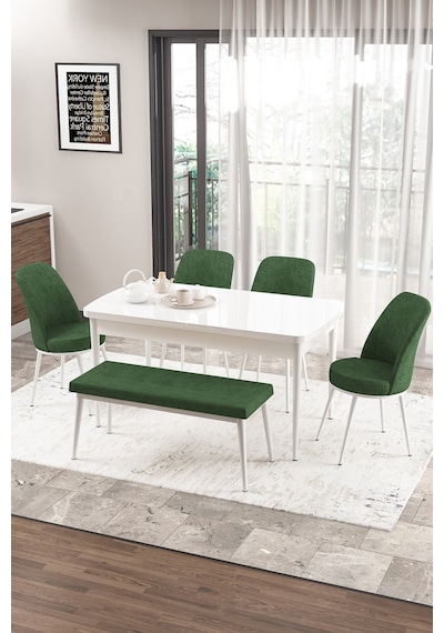 Canisa Concept Zen Serisi 80x132 Mdf Açılabilir Beyaz Masa Takımı 4 Haki Yeşil Sandalye Ve 1 Bench Masa Beyaz Sandalye Ve Bench Haki Yeşil