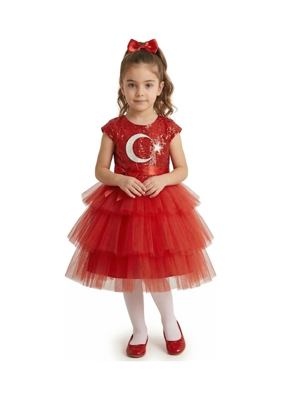 Mnk Baby & Kids Ay Yıldız Motifli Kız Çocuk 23 Nisan Elbisesi M00813 Kırmızı
