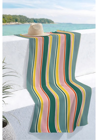 Çizgili Modern Marine Plaj Havlusu - Pastel Yeşil Pembe Sarı Resort Hızlı Kuruyan Mikrofiber Havlu Çok Renkli