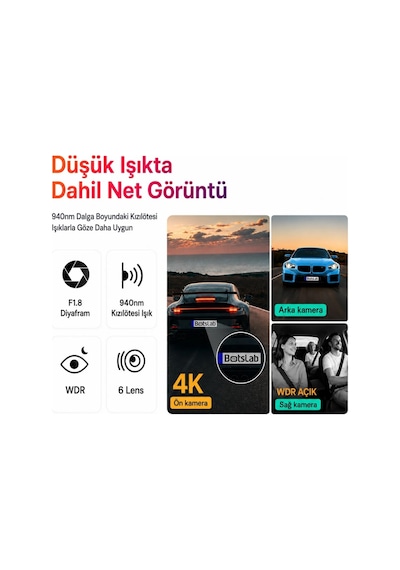 360+ Botslab G980h Pro 4k 3 Kameralı Wifi+gps Akıllı Araç İçi Kamera +170 Geniş Açı+süper Kapasitör+sesli Kontrol+gece Görüşlü 128gb Hafıza Kartı Hediyeli