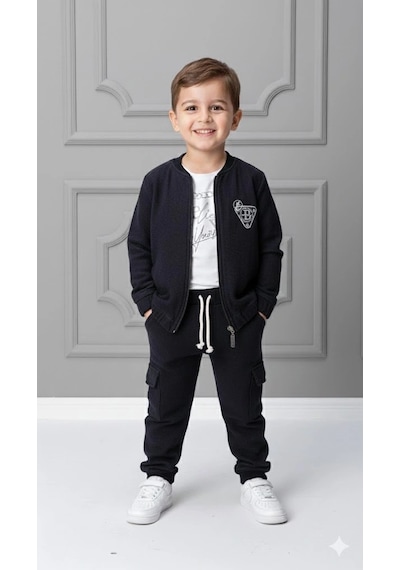Bontino Erkek Çocuk Sweatshirt, Hırka Ve Pantolonlu %100 Pamuk 3'lü Spor Takım Siyah