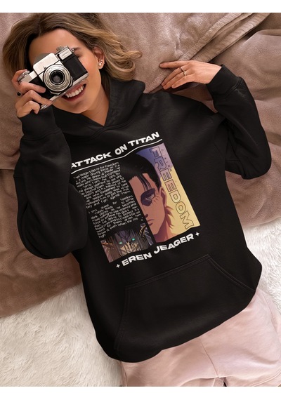 Sevbano Eren Yeager Baskılı Unisex Oversize Attack On Titan Anime Karakte Siyah