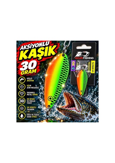30 Gr Aksiyonlu Kaşık Turuncu Yeşil Uv Efektli 3d Desenli Metal Balık Avı Kaşığı
