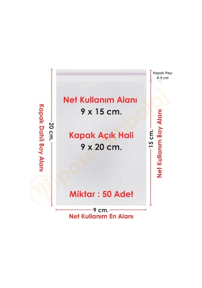 9x15+5 Cm. 9x20 50 Adet Şeffaf Bantlı Yapışkanlı Opp Poşet