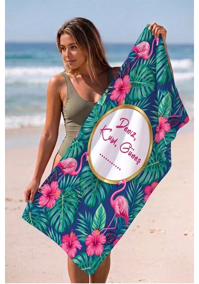 Valerine Life İsme Kişiye Özel Pembe Flamingolu Plaj Havuz Spa Sauna Spor Havlusu 70x140cm Pamuklu Y Çok Renkli