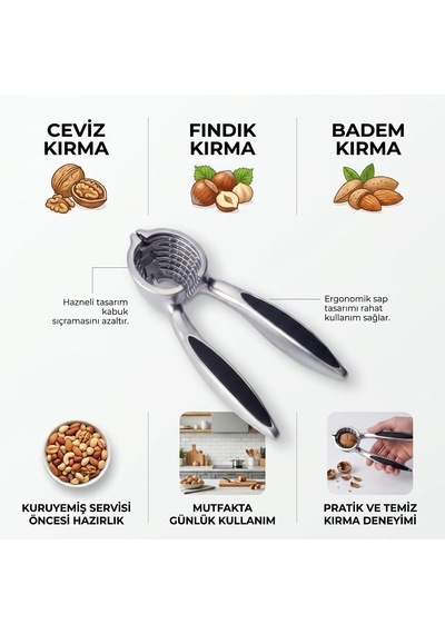 Profesyonel Paslanmaz Çelik Ceviz Kıracağı - Ergonomik Tasarımlı, Etrafa Sıçratmayan Hazneli Ceviz, Fındık Ve Badem Kırıcı Kabuklu Yemiş Kırıcı Mat Doku