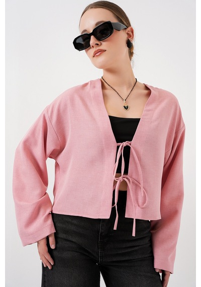 Bigdart Önü Bağlamalı Keten Kimono 960 - Pudra
