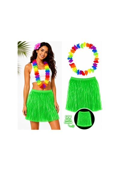 Neon Yeşil Hawaii Etek 40 Cm Ve Rengarenk Hawaii Kolye Bx40