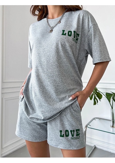 Love T-shirt Şort Gri 2'li Kombin Şort Tişört Takım Baskılı Oversize Bisiklet Yaka Gri