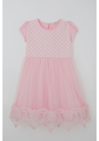 Breeze Kız Çocuk Elbise Vintage Dantel Detaylı Tüllü Çiçek Desenli Elbise 4-9 Yaş, Pembe