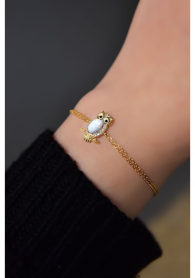 Papatya Silver 925 Ayar Gümüş Gold Kaplama Beyaz Opal Baykuş Bileklik