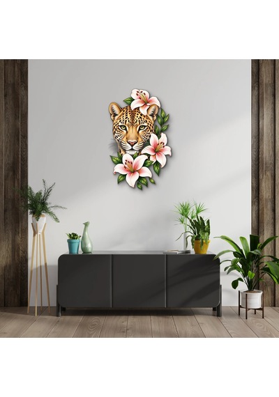 Çiçekli Leopar - Metal Tablo - Dec0185 31 X 50 Cm Çok Renkli