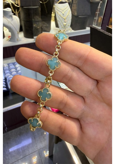 Yonca Taşlı Bileklik Gold Renk Altın
