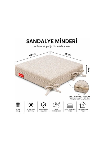 Comfort Plus Sandalye Koltuk Minderi 40x40 Bağcıklı Fermuarlı Yıkanabilir Balkon Bahçe Minderi 6 Lı Krem 6 Lı