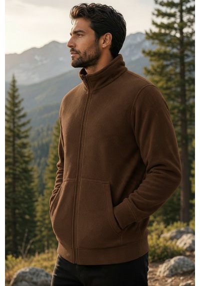 Givoria Erkek Kışlık Fermuarlı Cepli Polar Hırka Outdoor Kahverengi Kahverengi