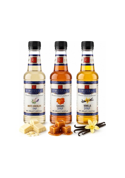 Simonelli Kahve ve Kokteyl Şurubu Seti Karamel Beyaz Çikolata ve Vanilya Aromalı İçecek Şurubu  3 x 250 ML