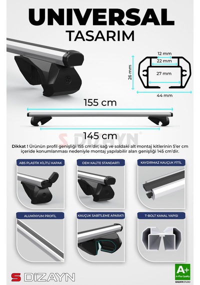 S-dizayn Vw Multivan T5 S-bar Atlas V1 Ara Atkı Tavan Taşıyıcı Barı Gri 155 Cm 2004-2015 A+ Kalite
