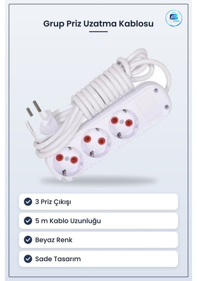 Grup Priz Uzatma Kablosu 3 Prizli 5 M Sade Beyaz Ev Ofis Kullanım