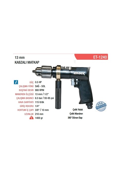 Emax Havalı Kompozit Kabzalı Matkap 13 MM - Devir 900 Rpm