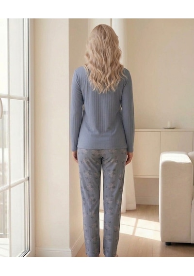 Eyfuze Kadın Kışlık Büyük Beden Curve Nakışlı Desenli Yakası Düğmeli Uzun Kollu Pijama Takımı Antrasit - Gri