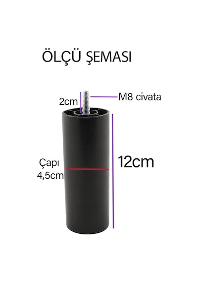 4 Adet Destek Ayağı 12 Cm Siyah Ve 4 Adet Düz Ayak Tabanı M8 Civatalı İnce Diş Mobilya Baza Koltuk Seti
