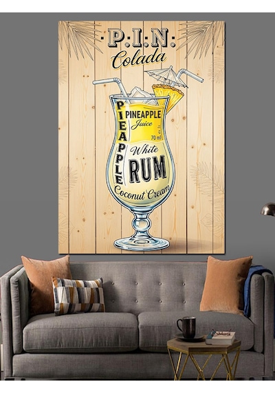 Ahşap Tablo Pina Colada Rom Kokteyli Afişi