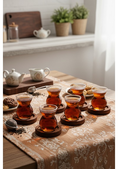 Snippy Lace - 12 Parça Cam Çay Seti Cam Çay Bardağı Ahşap Altlıklı Cam 6'lı Çay Takımı Cam