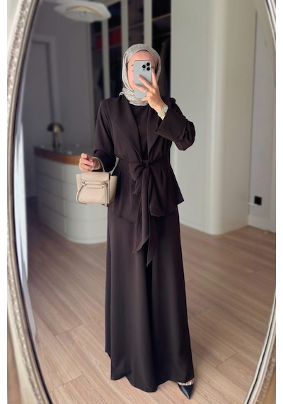 Ka Hijab Kuşak Detaylı Vatkalı Üçlü Takım - Kahverengi