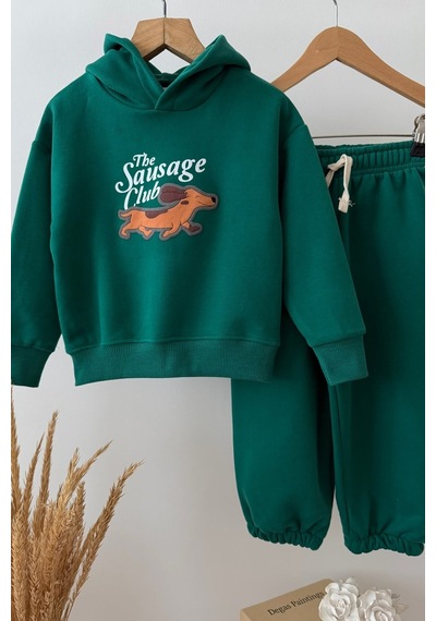 Monila Erkek Çocuk Yeşil Kapüşonlu Köpek Baskılı Pamuklu Sweatshirt Ve Yeşil Eşofman Alt Üst Takım