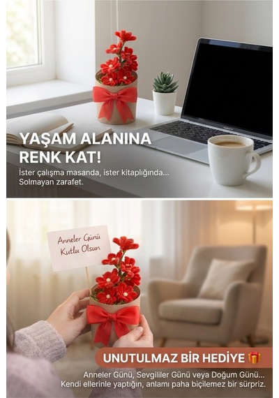 Kırmızı Şönil Papatya Yapım Kiti Şönil Hobi Seti - Sevgiliye Hediye,romantik Kendin Yap Seti Dıy