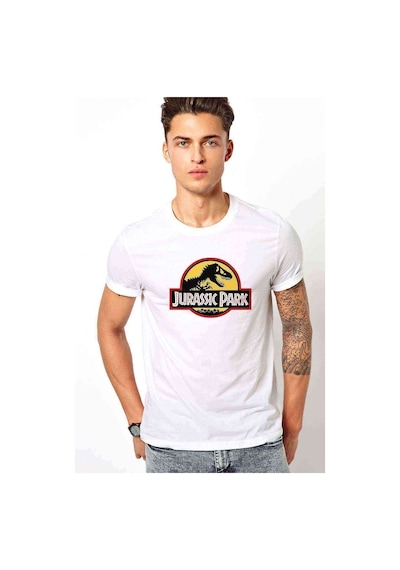 Jurassic Park Logo Black Yellow Red Baskılı Beyaz Erkek Tshirt
